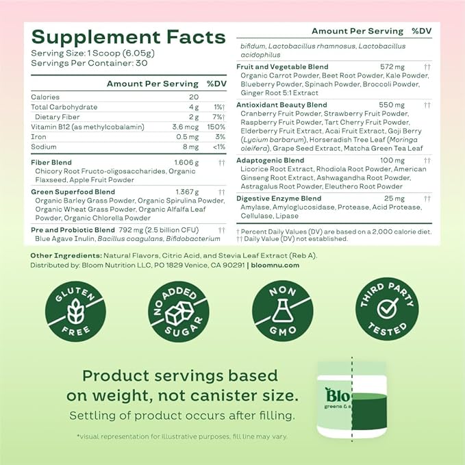 Bloom Greens & Superfoods Powder – Digestive Health, Bloating & Gut Support – Probiotics, Spirulina, Chlorella, Digestive Enzymes – Strawberry Kiwi – 30 Servings