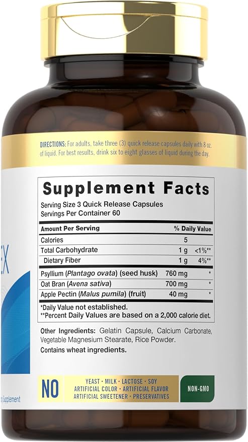 Carlyle Fiber Complex – Triple Action with Psyllium Husk, Oat Bran & Apple Pectin – Digestive Support, Regularity & Gut Health – Non-GMO, Gluten-Free – 180 Capsules