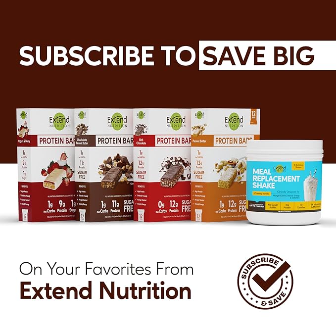 Extend Sugar Free Protein Bars – Diabetic Snack, High Protein & Fiber, Hunger Control, Low Carb, Keto Friendly, Variety Pack, 12 Count