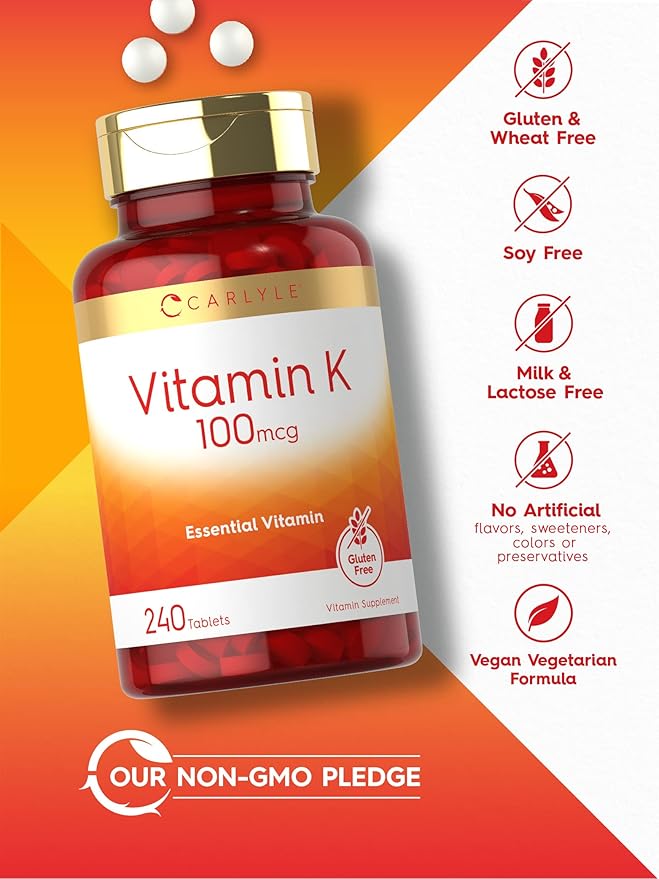Carlyle Vitamin K 100mcg – Bone, Joint & Blood Clotting Support – 240 Vegetarian Tablets – Non-GMO, Gluten Free