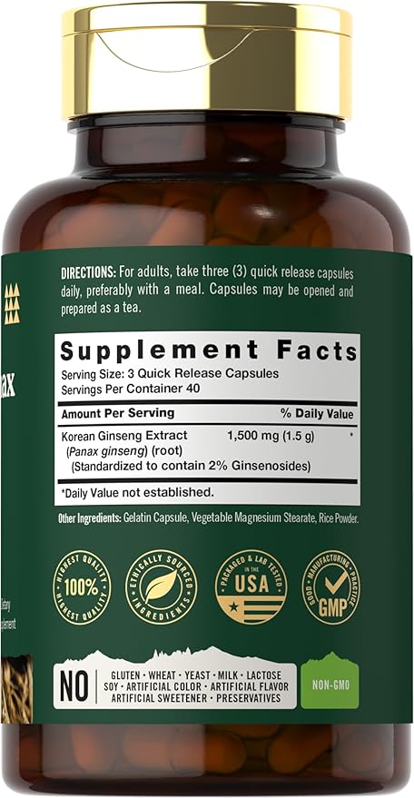 Carlyle Korean Panax Ginseng 1500mg – Energy, Focus & Immune Support – Non-GMO, Gluten-Free – 120 Capsules – by Tahoe Nutritionals