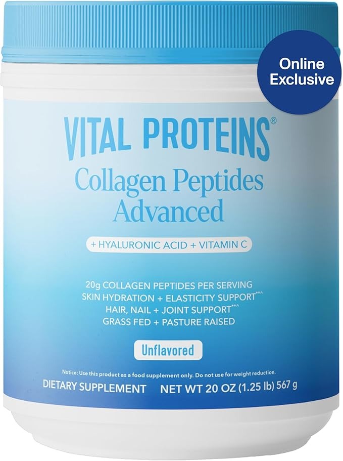 Vital Proteins Grass Fed Collagen Powder Supplement Hydrolyzed Peptides with Hyaluronic Acid and Vitamin C - Non-GMO, Dairy & Gluten Free Unflavored, 9.33oz