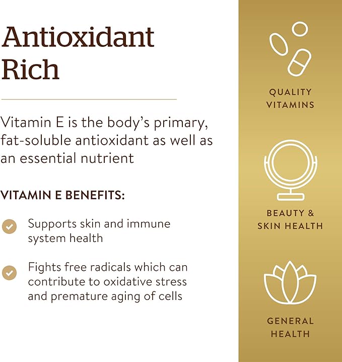 Solgar Vitamin E 1000 IU – Natural Mixed Tocopherols, Antioxidant, Skin & Immune Support – 100 Softgels – Gluten & Dairy Free