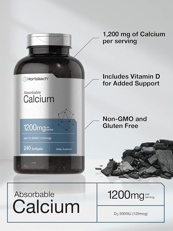 Horbäach Calcium 1200mg with Vitamin D3 5000 IU – Absorbable Bone Health Support – 240 Softgels