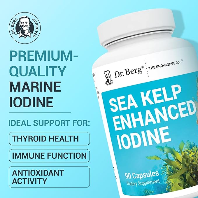 Dr. Berg Sea Kelp Enhanced Iodine 200mcg – Seaweed & Blue-Green Algae Thyroid Support – 90 Capsules