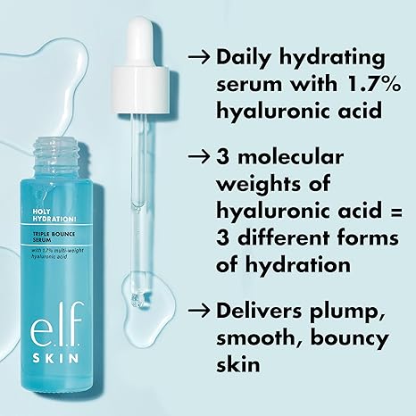 e.l.f. Holy Hydration! Triple Bounce Serum, 1.7% Hyaluronic Acid, Plumping Hydrating Vegan Serum for Dry Skin, 1oz