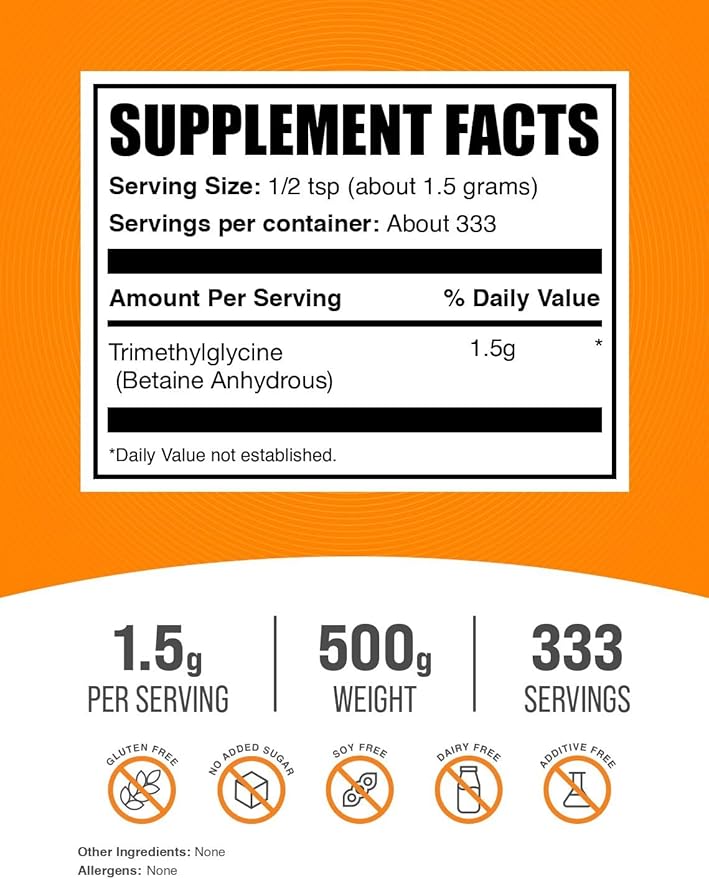 BulkSupplements.com TMG Powder – Trimethylglycine as Betaine Anhydrous, Unflavored, Gluten-Free, 1.5g Per Serving, 500g