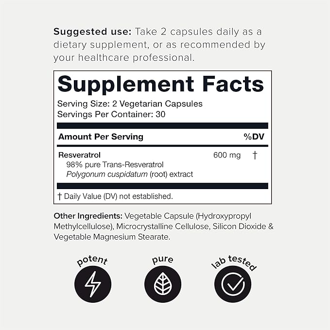 Toniiq Resveratrol 600mg – 98% Trans-Resveratrol, Ultra High Purity & Bioavailable Antioxidant – Heart, Cellular & Anti-Aging Support – Vegan, Non-GMO – 60 Capsules