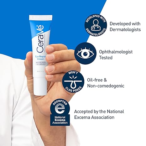 CeraVe Eye Repair Cream – Under Eye Cream for Puffiness & Bags, Hyaluronic Acid, Niacinamide, Ceramides, Oil-Free, Ophthalmologist Tested, 0.5 oz