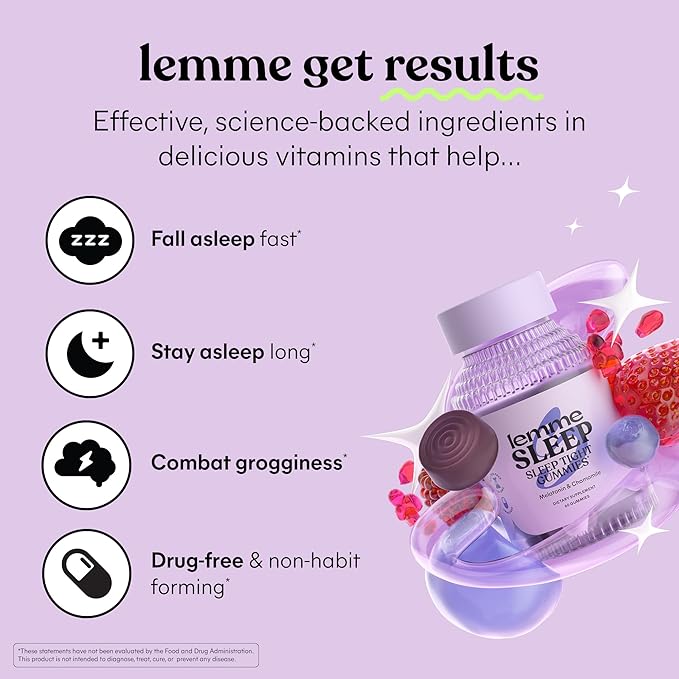 Lemme Sleep Gummies – 5mg Melatonin, Magnesium, Elderberry, Chamomile, Lavender & L-Theanine – Berry Flavor – Drug-Free Sleep Aid – 60 Gummies