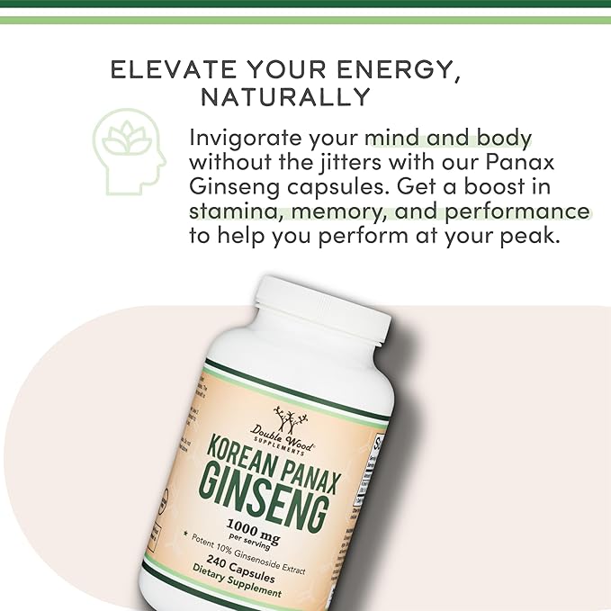 Double Wood Korean Red Panax Ginseng 1000mg – Mood, Cognitive Function & Energy Support – Non-GMO, Gluten-Free, Vegan – 240 Capsules