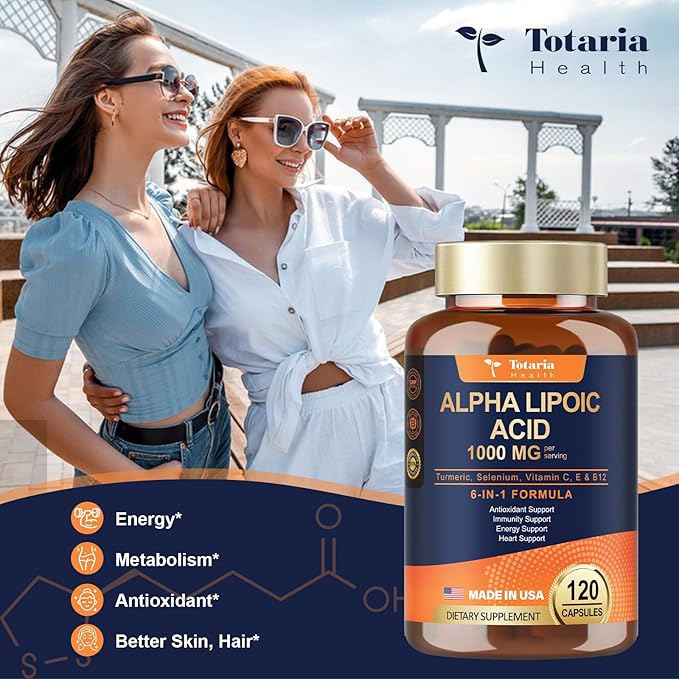 Totaria Alpha Lipoic Acid 1000mg – Extra Strength Antioxidant for Nerve Health, Liver Detox, Metabolism & Anti-Aging – Non-GMO, Gluten-Free, Vegan – 120 Capsules