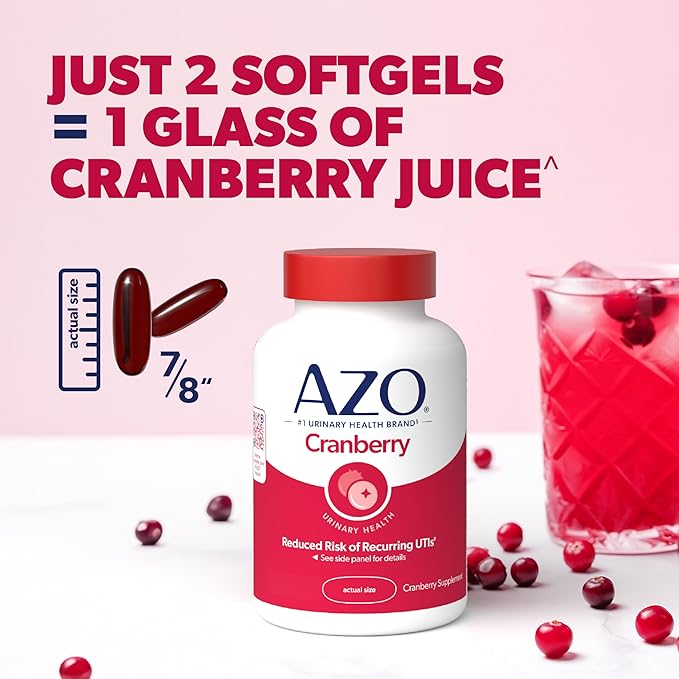 AZO Cranberry Urinary Tract Health Supplement – 100 Softgels – Sugar-Free, Non-GMO Cranberry Pills with Pacran® Whole Fruit Extract – 50-Day Supply