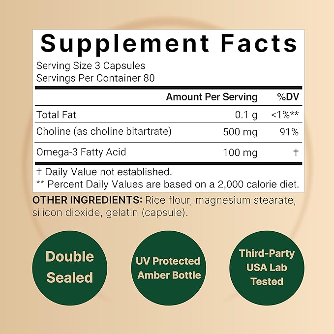 Choline 500mg with Omega-3 – Prenatal, Brain & Energy Support – 240 Capsules