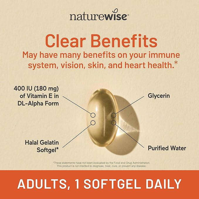 NatureWise Vitamin E 400 IU – Antioxidant, Skin, Heart & Immune Support – Dairy, Gluten & Soy Free – 120 Softgels