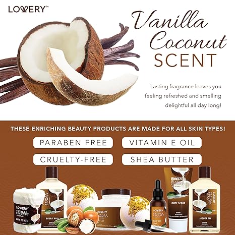 Vanilla Coconut Spa Gift Basket for Women, 9-Piece Home Spa Set, Bath Bombs, Towel, Gift-Ready