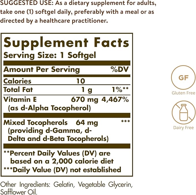 Solgar Vitamin E 1000 IU – Natural Mixed Tocopherols, Antioxidant, Skin & Immune Support – 100 Softgels – Gluten & Dairy Free