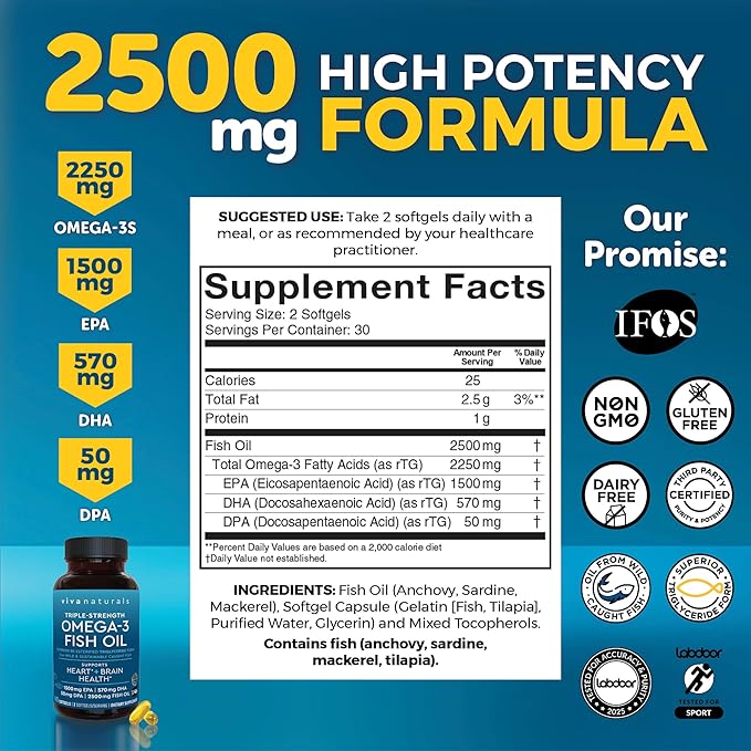 Viva Naturals Triple Strength Omega-3 Fish Oil 2500mg – High EPA, DHA & DPA – Re-Esterified Triglyceride – IFOS Certified, Non-GMO – 60 Softgels
