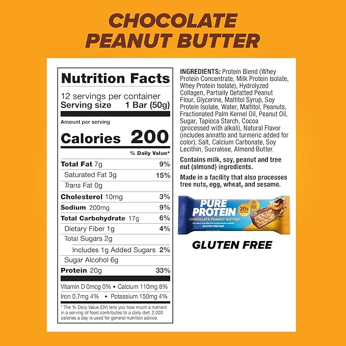 Pure Protein Bars, High Protein, Low Sugar, Gluten Free, Chocolate Peanut Butter, Nutritious Snack, 12 Count