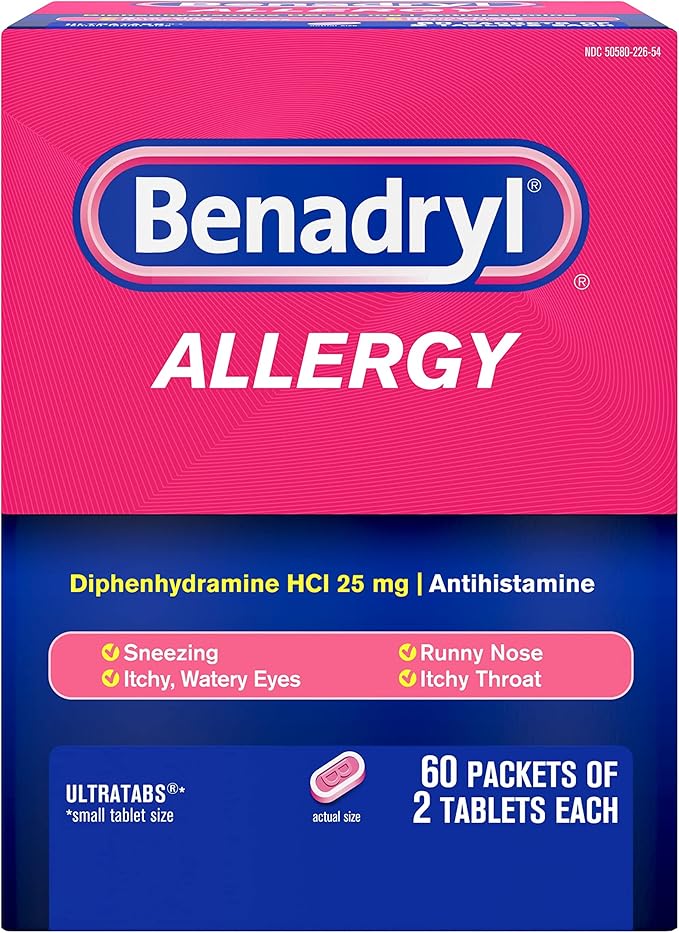 Benadryl Allergy ULTRATAB Go Packs – 120 Tablets (60x2 Count) – Fast-Acting Antihistamine for Sneezing, Runny Nose, Itchy Eyes & Throat – Travel-Size Allergy Relief for Adults & Kids