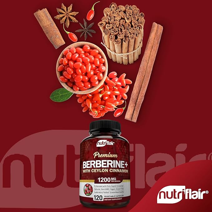 NutriFlair Premium Berberine HCL 1200mg with True Ceylon Cinnamon – Blood Sugar, Heart & Metabolic Support – Vegan, Non-GMO, Gluten-Free – 120 Capsules