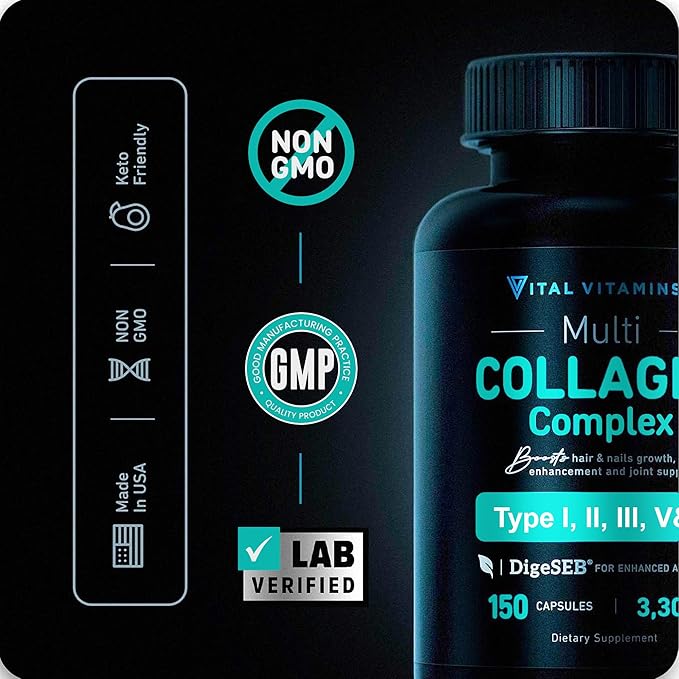Vital Vitamins Multi Collagen Capsules – Types I, II, III, V, X – Grass-Fed Hydrolyzed Collagen for Hair, Skin, Nails & Joint Support – Non-GMO, Gluten-Free – 150 Count