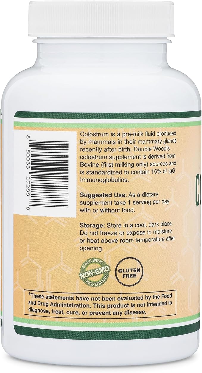 Double Wood Colostrum Supplement – 1000mg Bovine Colostrum from First Milking – 15% IgG Immune & Gut Support – Non-GMO, Gluten-Free – 120 Capsules (2-Month Supply)