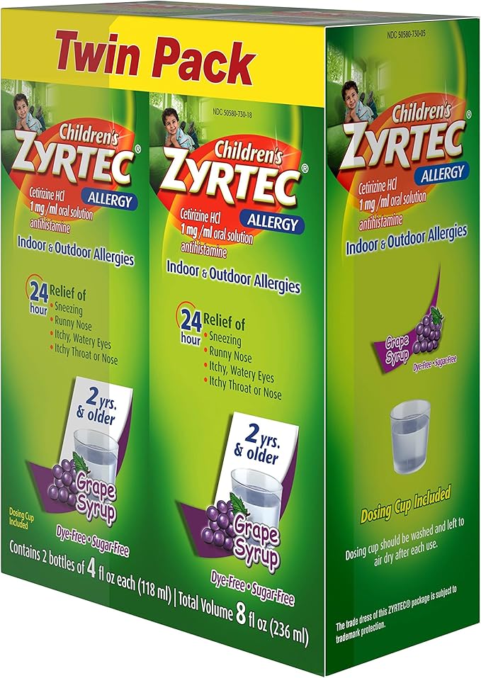 Zyrtec Children’s Allergy Syrup 24 Hour Relief – Sugar-Free Grape Flavor, Cetirizine HCl 5mg per 5mL, Dye-Free, Twin Pack (2 x 4 fl oz)