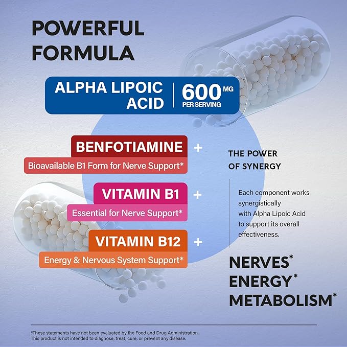 Nutraharmony Alpha Lipoic Acid 600mg with Benfotiamine, Vitamin B1 & B12 – Nerve, Energy & Metabolism Support – Antioxidant, Non-GMO, Vegan – 120 Capsules
