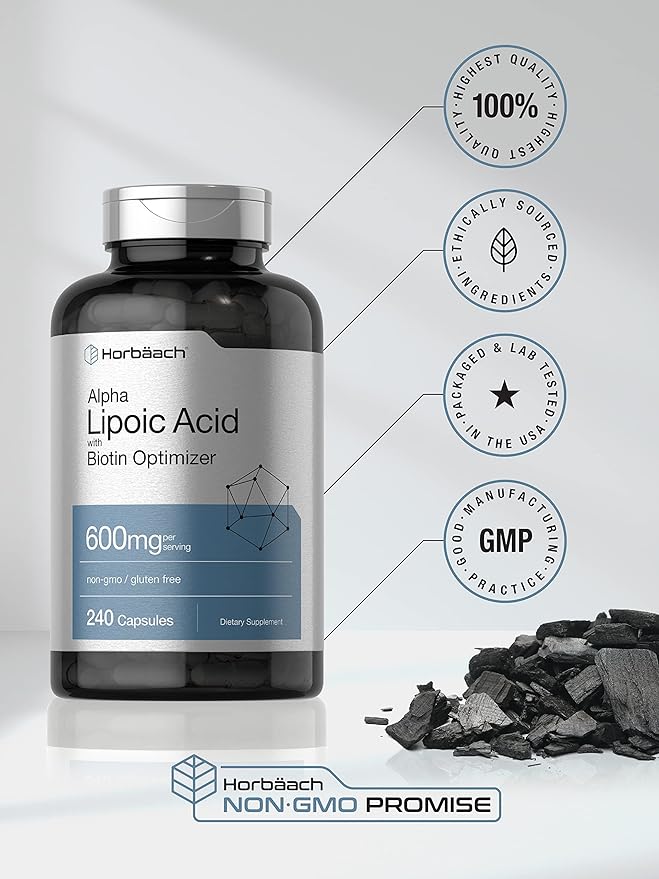 Horbaach Alpha Lipoic Acid 600mg with Biotin – High Potency Antioxidant for Energy & Nerve Health – Non-GMO, Gluten-Free – 240 Capsules (Value Size)