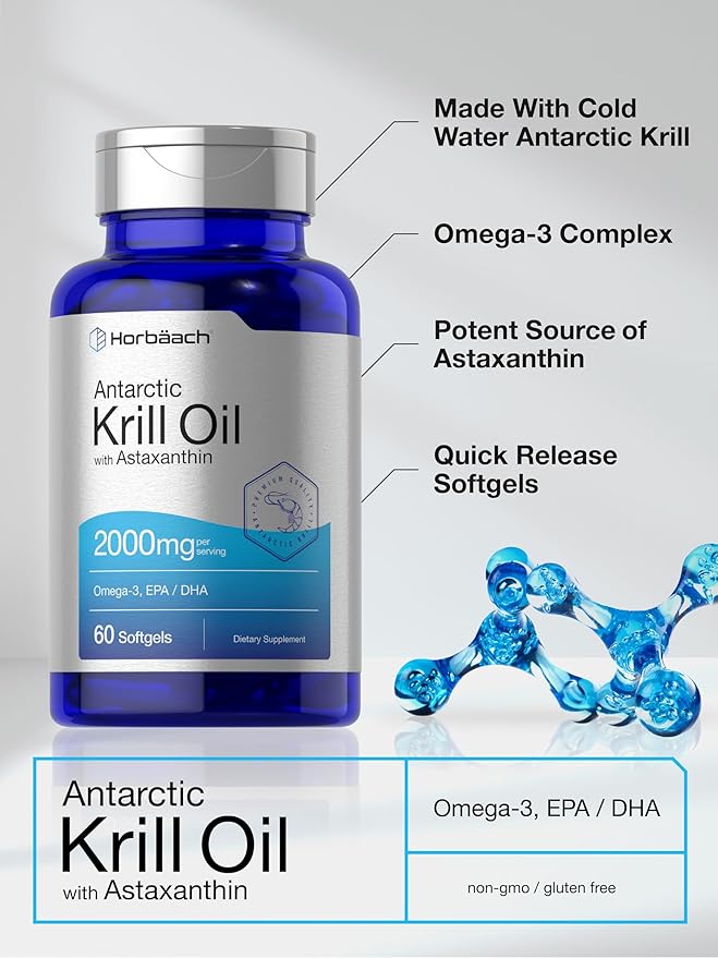 Horbäach Antarctic Krill Oil 2000mg – Omega-3 with EPA, DHA & Astaxanthin – 60 Softgels