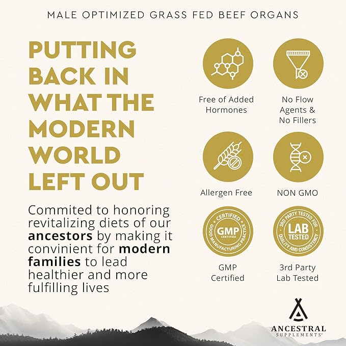 Ancestral Supplements MOFO – Men’s Health & Testosterone Support – Grass-Fed Beef Organs, Vitality & Energy – Non-GMO – 180 Capsules