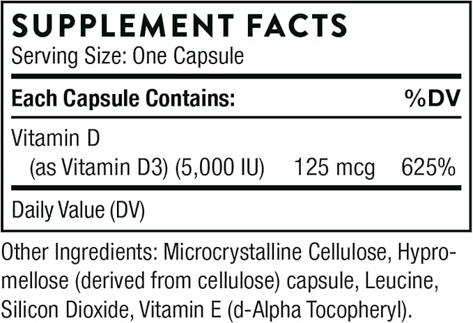 THORNE Vitamin D-5000 – High Potency Bone, Immune & Muscle Support – NSF Certified – 60 Dairy-Free, Soy-Free Capsules