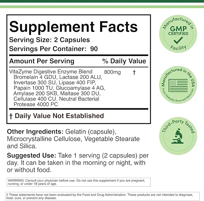 Double Wood Digestive Enzymes 800mg – Full Spectrum 10 Enzyme Blend for Digestive Support, Bloating Relief & Nutrient Breakdown – Non-GMO, Gluten-Free – 90 Capsules