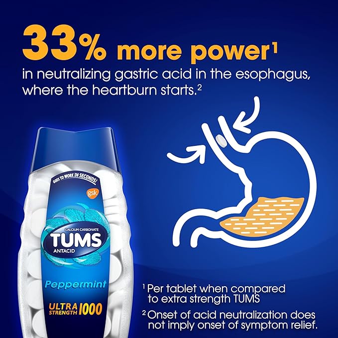 TUMS Ultra Strength Chewable Antacid Tablets for Heartburn, Sour Stomach, Acid Indigestion Relief, Peppermint Flavor, 160 Count, Calcium Carbonate