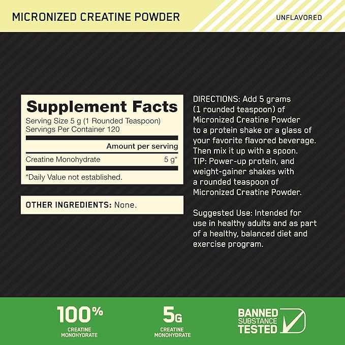 Optimum Nutrition Micronized Creatine Monohydrate Powder – Unflavored, 600g, 120 Servings