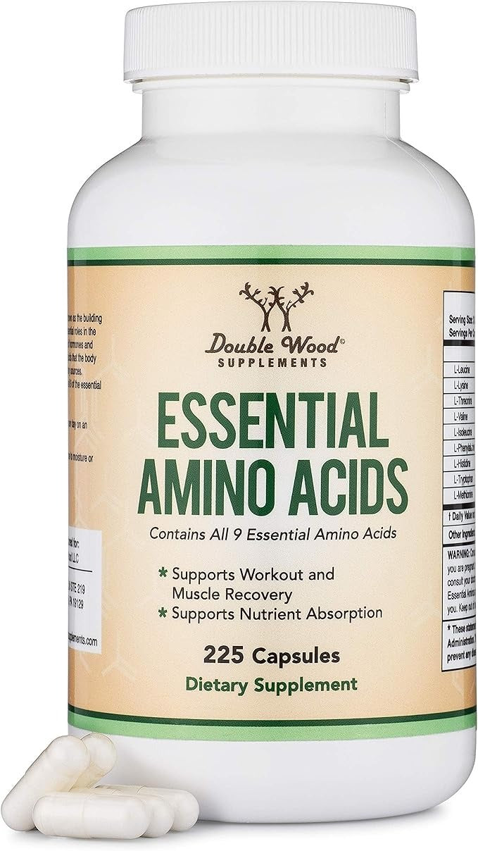 Double Wood Essential Amino Acids & BCAAs – 1 Gram Per Serving, 225 Capsules, Gluten-Free