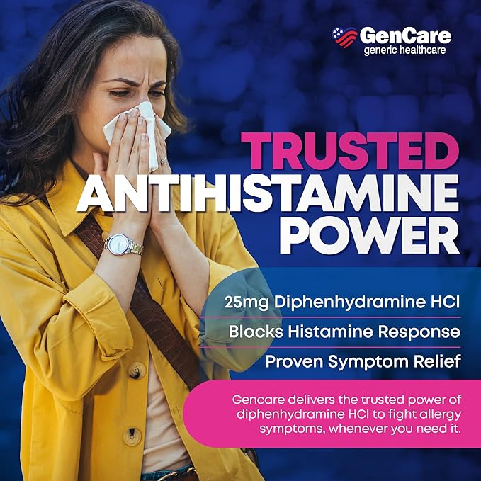 GenCare Allergy Relief Tablets 25 mg Diphenhydramine HCl – 600 Count Value Pack for Sneezing, Itchy Eyes, Runny Nose, and Indoor or Outdoor Allergies