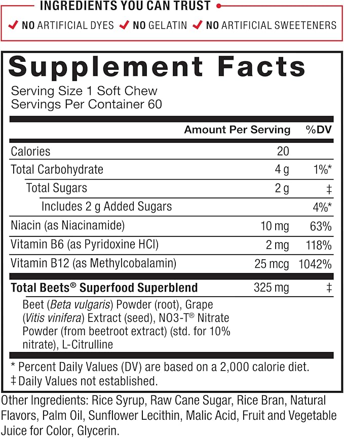 Force Factor Total Beets Soft Chews – Beetroot, L-Citrulline, Grapeseed Extract & Antioxidants, 60 Chews