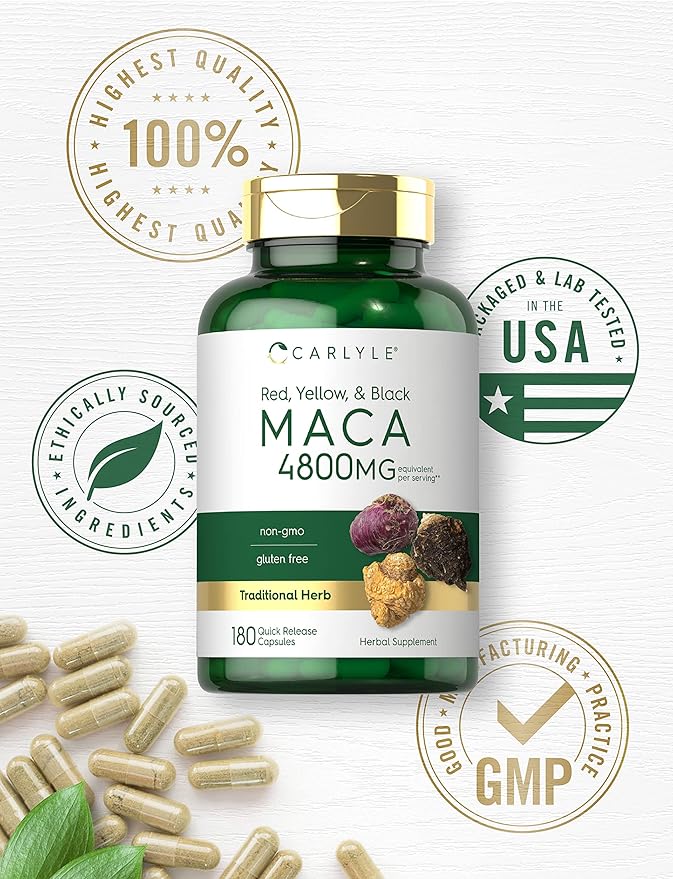 Carlyle Maca Root 4800mg – High Potency Red, Yellow & Black Maca for Women & Men – Energy, Mood & Hormonal Support – Non-GMO, Gluten-Free – 180 Capsules