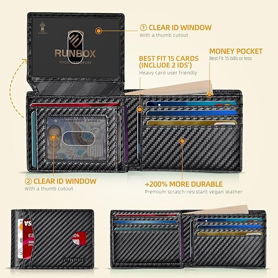 RUNBOX Slim RFID Leather Wallet for Men, 2 ID Windows, Minimalist Bifold, Gift Box, Travel Accessory