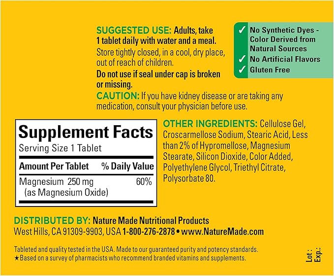 Nature Made Magnesium Oxide 250mg – Muscle, Heart, Bone & Nerve Support – 200 Tablets