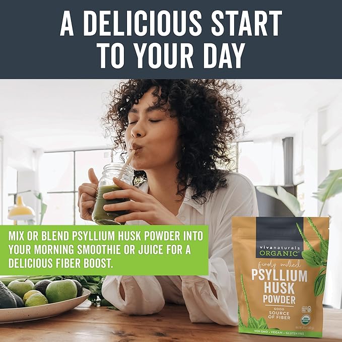 Viva Naturals Organic Psyllium Husk Powder – Finely Ground Plant-Based Fiber for Smoothies, Baking & Gut Health – Unflavored, Non-GMO, Gluten-Free, Vegan – 24 oz