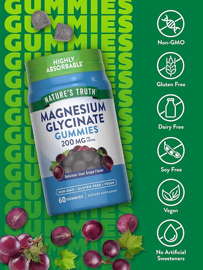 Natures Truth Magnesium Glycinate Gummies for Adults 200mg Grape Flavor Vegan Gluten Free Non GMO Supplement 60 Count