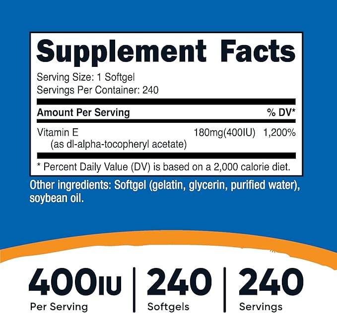 Nutricost Vitamin E 400 IU – Antioxidant, Skin, Heart & Immune Support – 240 Softgels – Non-GMO, Gluten Free