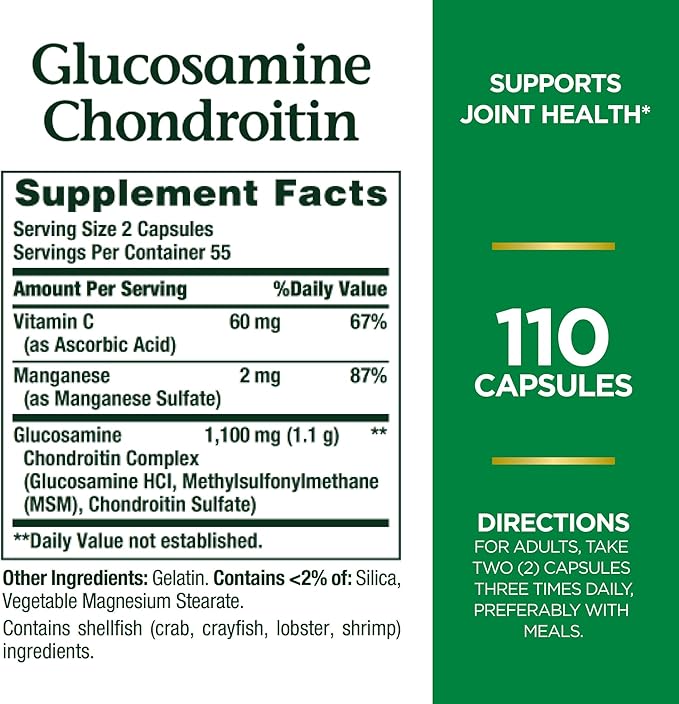 Nature's Bounty Glucosamine Chondroitin – Joint Support Supplement – Cartilage, Ligament & Flexibility – Non-GMO, Gluten-Free – 110 Capsules