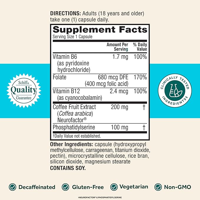 NEURIVA Plus Brain Supplement – Memory, Focus & Cognitive Support – Neurofactor™, Phosphatidylserine, B6 & B12 – Decaffeinated – 30 Capsules