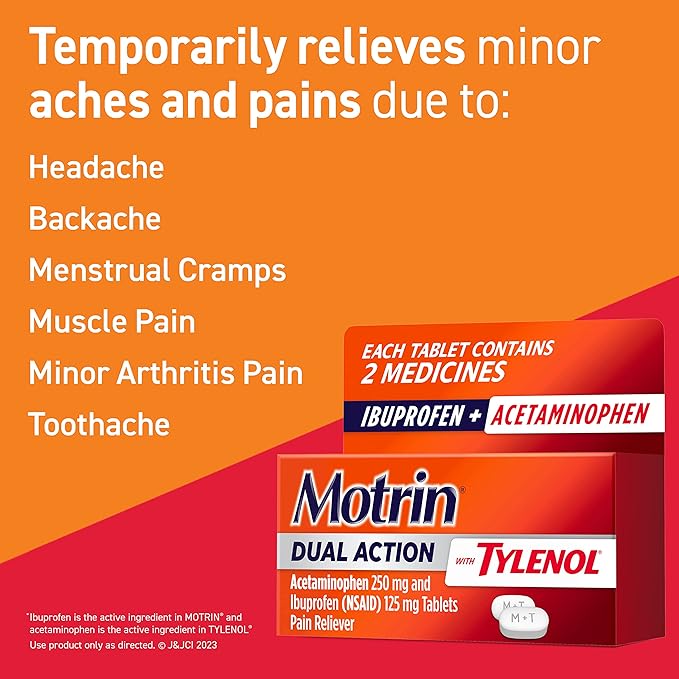 Motrin Dual Action with Tylenol – Pain Reliever for Minor Aches and Pains – 120 Count Combines Ibuprofen (125 mg) and Acetaminophen (250 mg) for Fast, Powerful Relief