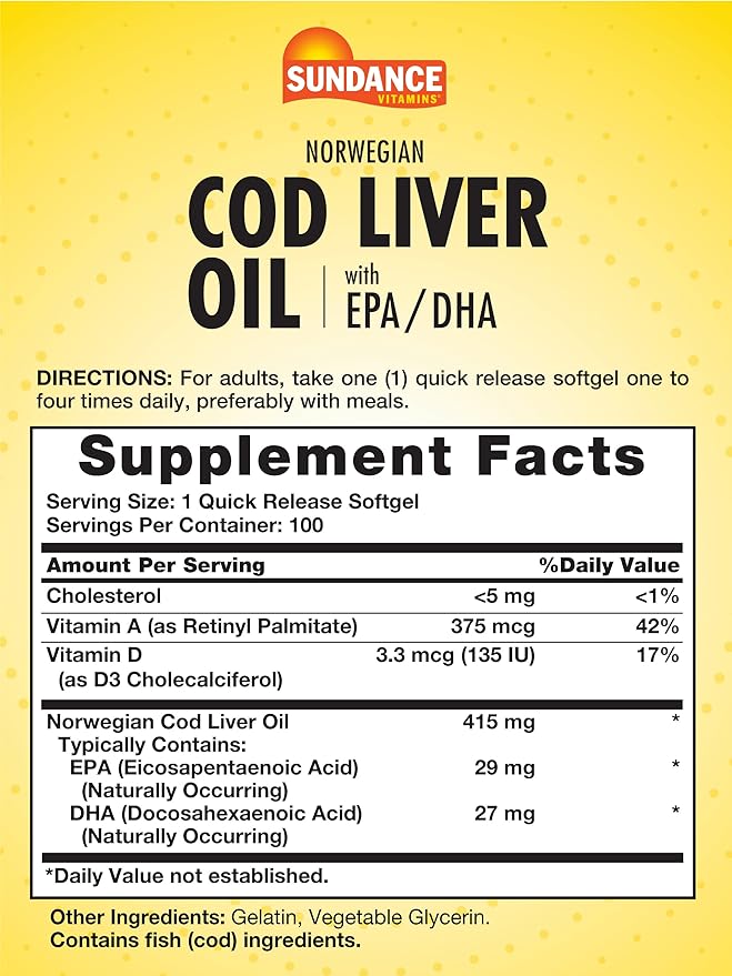 Sundance Norwegian Cod Liver Oil 415mg – Omega-3s with EPA, DHA, Vitamin A & D – Heart, Brain & Immune Support – Non-GMO, Gluten-Free – 100 Softgels