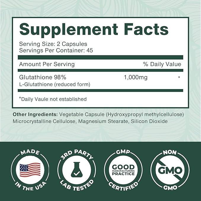 PurePremium Reduced Glutathione 1000mg – Antioxidant for Liver, Brain, Skin & Heart Health – Non-GMO, Gluten-Free – 90 Capsules